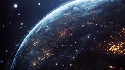 Obraz premium A glowing earth viewed from space, illuminated by city lights and connected by a network of data lines