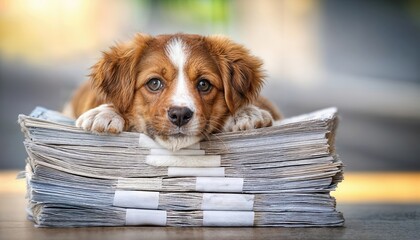 Playful Pup Managing Finances Adorable Dog Sorting Invoices, Surrounded by a Stack of Financial Papers in a Minimalist Setting.