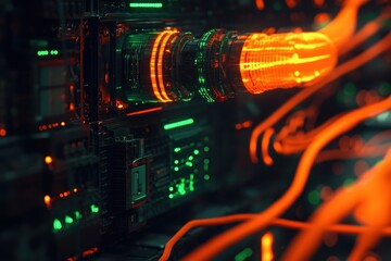 Network switches in server rack with vibrant orange and green lights illuminating data center environment