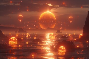 Vibrant, glowing orbs float over a fiery, ethereal landscape.