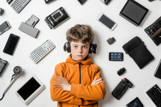Smiling businesspeople, students, and children work on laptops at desks in an office, using technology for education and communication