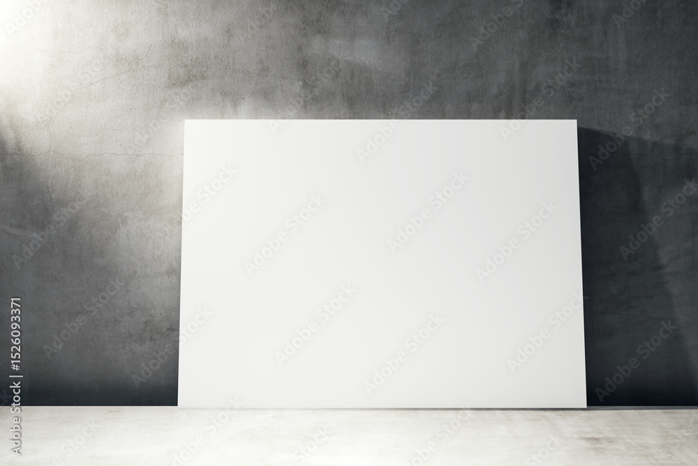 Poster minimalist blank canvas leaning against dark concrete wall in empty room with soft lighting and clea
