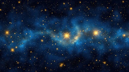 Expansive starry night sky with glowing golden stars and a swirling blue nebula casting a mystical cosmic ambiance