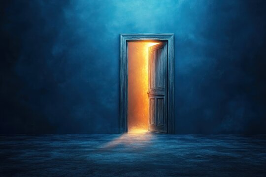An old wooden door slightly open on a dark blue textured wall with bright warm light glowing from the doorway casting a soft shadow on the floor, evoking mystery and hope