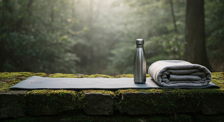 your perfect yoga companion with water bottle and towel in peaceful forest setting