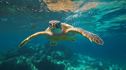 Fototapeta premium AI generator images of Hawaiian Green Sea Turtle swimming underwater Turtle life in the coral reef Animal Behavior - Critically Endangered Hawksbill Sea Turtle (Eretmochelys imbricata)