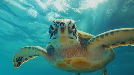 Obraz premium AI generator images of Hawaiian Green Sea Turtle swimming underwater Turtle life in the coral reef Animal Behavior - Critically Endangered Hawksbill Sea Turtle (Eretmochelys imbricata)