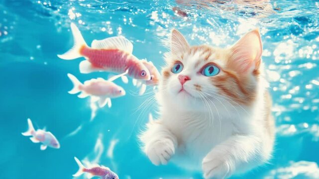 A cat swims underwater with fish. Adorable feline exploring the ocean. Concept of adventure and unlikely friendships for children book or greeting card.