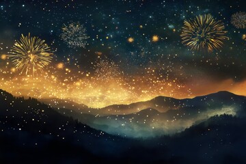Golden fireworks illuminate the night sky above misty mountain silhouettes, a celestial celebration over the tranquil landscape