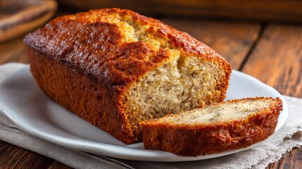 Freshly Baked Banana Bread with Golden Crust on a White Plate
