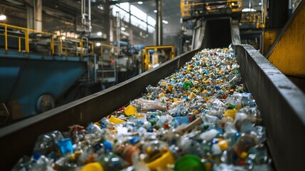 Plastic waste on conveyor belt at recycling center for industrial processing