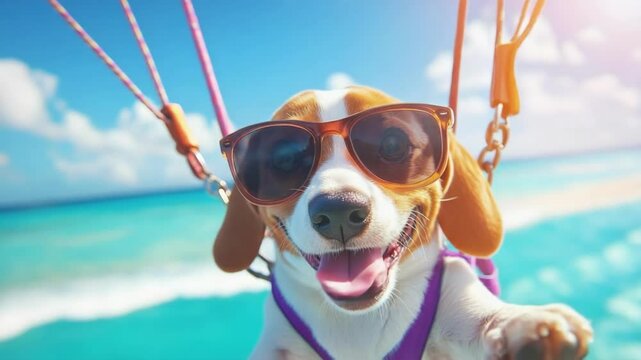 Happy beagle dog on a parasail over the ocean. Funny pet wearing sunglasses parasailing. Tropical travel concept and summer adventure idea for website or blog header.
