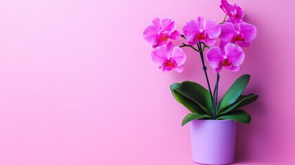 Obraz premium Artistic arrangement of orchid flowers in a two-tone cylindrical ceramic pot