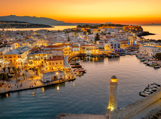 Rethymno city at Crete island in Greece. Aerial view of the old venetian harbor and Venetian...