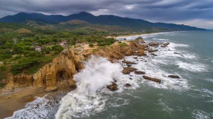 Aerial view of massive ancient tsunami waves crashing onto rocky coastline with towering dark water wall and dramatic storm clouds. Prehistoric natural disaster and extreme weather concept.