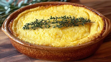 Chilean pastel de choclo corn pie in a rustic baking dish with herbs on top