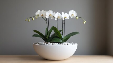 Clean and elegant orchid display in a white planter with accent stones on the base