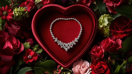 Classy necklace arranged inside a deep red heart-shaped jewelry case