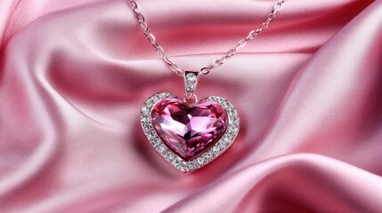 Jewelry gift theme with pink heart box and necklace surrounded by soft fabric folds