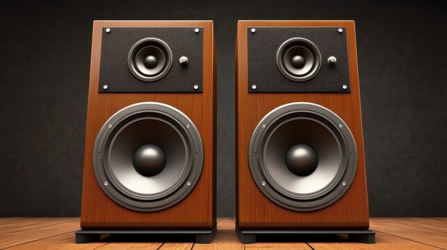 Pair of large vintage speakers in soft ambient light on a wooden platform