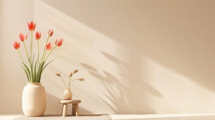 Minimalist floral scene featuring tulips in a vase and dried plants on a stool, soft light. AI generative..