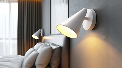 Illuminated sconces accent a modern bedroom with a gray wall, white bedding, and dark curtains. AI generative..