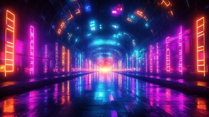 Futuristic tunnel illuminated with vibrant neon pink, blue, orange, and purple lights reflecting on glossy floor creating a glowing, immersive digital environment