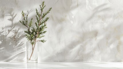 Minimal white backdrop with plant sprig in glass, light and shadow play. AI generative..