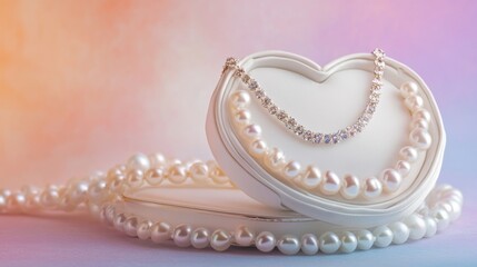 White heart-shaped jewelry case with sparkling necklace against soft gradient backdrop