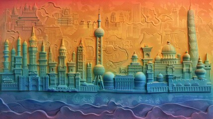 Relief of an eastern metropolis, with towers, domes, and skyline against an orange sky, over blue waves. AI generative.