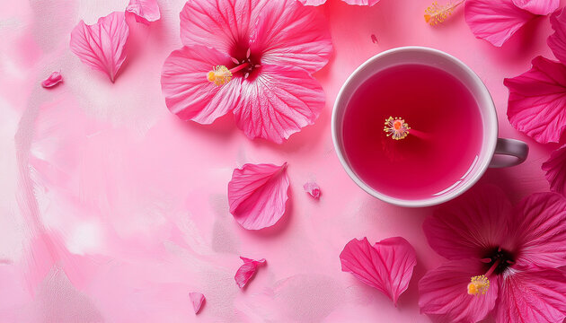 AI generator image of hibiscus tea ,hibiscus-flavored kombucha, next to a glass in which pink kombucha is poured, ibiscus flowers Warm beverage scene Hot hibiscus tea served amidst floral backdrop Soo