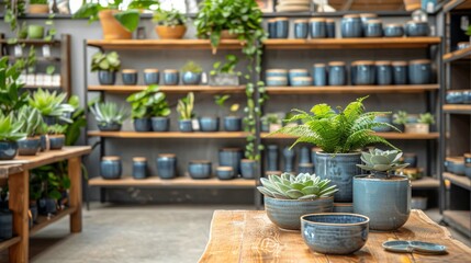 Indoor plant shop scene with shelves, pots, succulents, and greenery on a wooden table. AI generative.