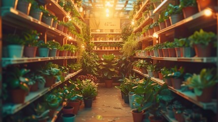 Shelves filled with potted green plants in warm light. Indoor plants, greenery, cozy vibe. AI generative.