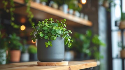 Green plant in gray pot on wood table. Interior shelves with plants blur in background. AI generative.