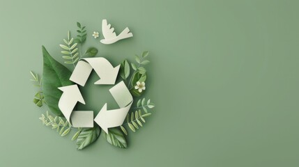 Sage background with arrows recycle symbol, green leaves, a white flower and bird. AI generative.