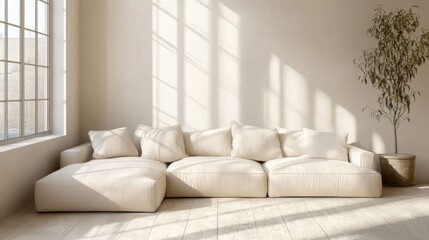 Cream minimalist couch in corner placement with large light-filled windows nearby