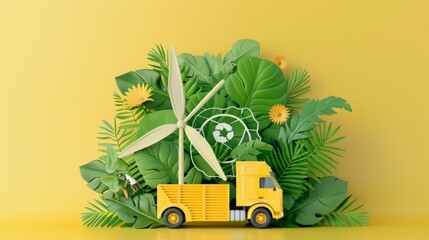 Yellow truck, wind turbine, and green foliage against a yellow backdrop, showcasing sustainability themes. AI generative..