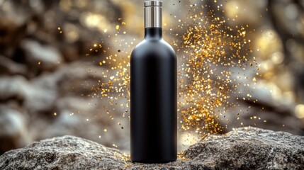 Sleek black bottle celebrating luxury and sophistication with a cascade of golden glitter against a textured
