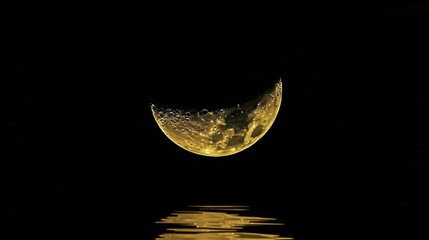 Golden crescent reflected on a dark surface. Celestial and luminous, with detailed texture. AI generative..