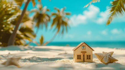 Miniature house on a sandy beach with palm trees and turquoise ocean. Starfish details. AI generative.
