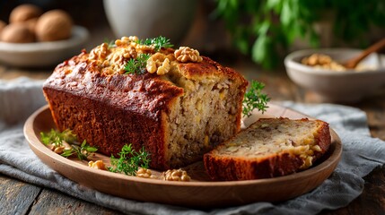 Homemade Banana Nut Bread with Fresh Walnuts and Herbs