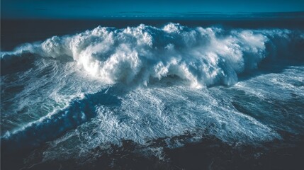 Fototapeta premium Aerial view of massive ancient tsunami waves crashing onto rocky coastline with towering dark water wall and dramatic storm clouds. Prehistoric natural disaster and extreme weather concept.