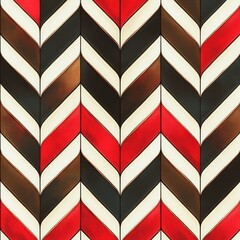 Close-up of a geometric chevron pattern composed of red, white, brown, and black tiles arranged in a repetitive, symmetrical design creating a visually striking and dynamic texture