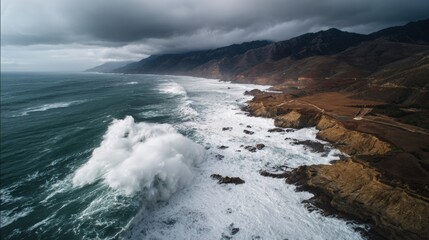 Obraz premium Aerial view of massive ancient tsunami waves crashing onto rocky coastline with towering dark water wall and dramatic storm clouds. Prehistoric natural disaster and extreme weather concept.