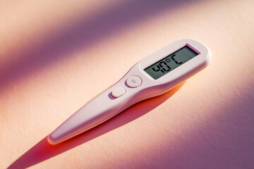 igital thermometer displaying 40 degrees Fahrenheit, indicating high fever and health alert