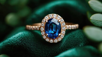 Fototapeta premium High-end sapphire and diamond ring centered in frame on soft, textured green velvet