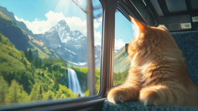 A ginger cat with sunglasses looks out the window of a train in a train car at a beautiful mountain landscape with a waterfall at sunrise. Journey with animal concept.