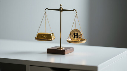 Gold Bar vs Bitcoin on Balance Scale – Investment Comparison and Financial Choice Concept