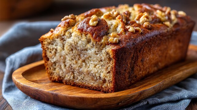 Freshly Baked Banana Nut Bread on a Wooden Platter