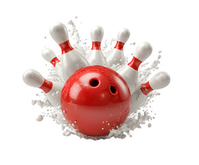 Red Bowling Ball Striking Pins Dynamic Action Splash White Milk Realistic 3D Render Sport Game Bowling Alley Competition Strike Victory Fun Entertainment Leisure Activity          